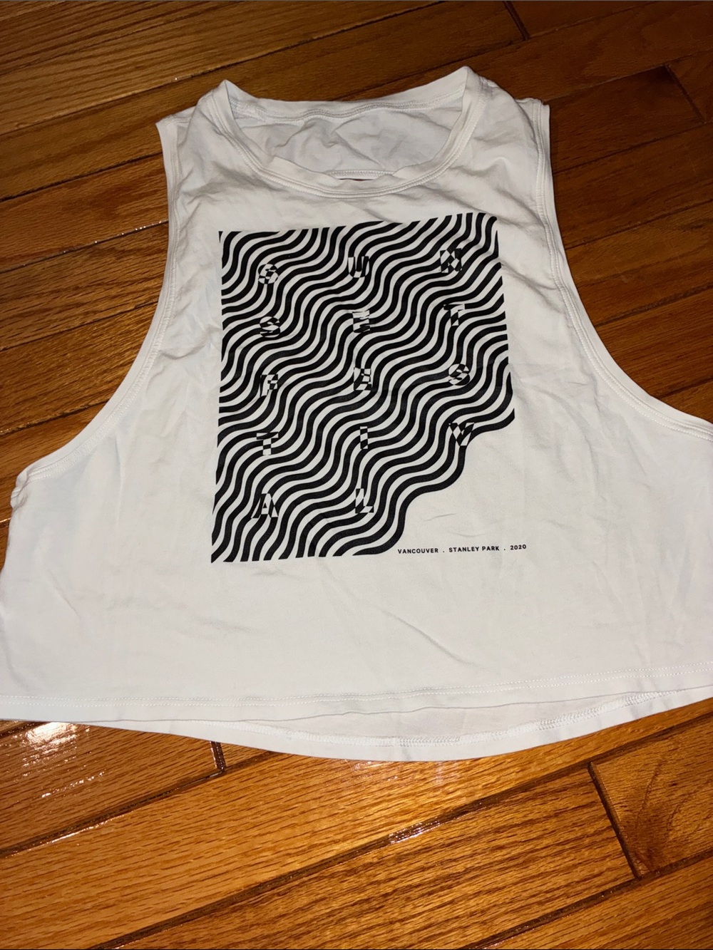 Lululemon White Graphic Crop Tank with Black Wave Print
